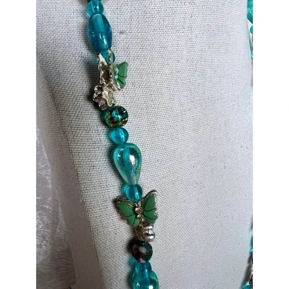 Turquoise Glass Bead Necklace Butterflies Lampwork Foil‎ Artisan 27